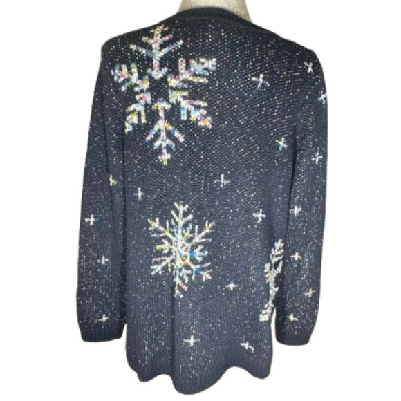 J. Jill Women's Navy Multicolor Fleck Snowflake Holiday Crew Neck Sweater Large - Picture 2 of 8